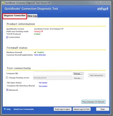 diagnose connection tab - Connection diagnostic tool 