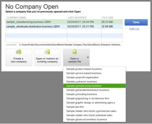 open sample company file - QuickBooks error code 6210, 0