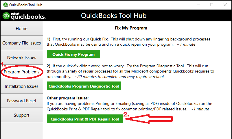 Run PDF & Print repair tool from the QuickBooks tool hub