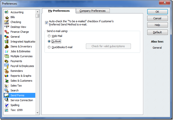 Setting up Outlook email in QuickBooks desktop - Screenshot