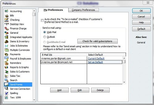 Setting up Web mail in QuickBooks desktop - Screenshot