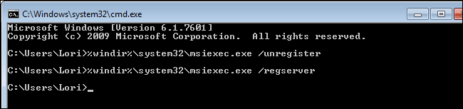 Type msiexec or regserver in cmd - Screenshot