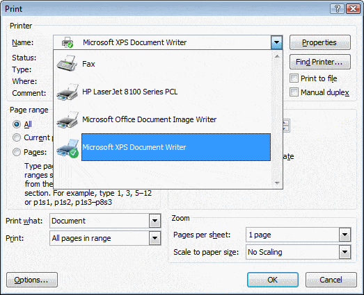 choose the Microsoft XPS Document Writer from the list of printer