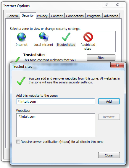 Adding Intuit as trusted site - quickbooks unable to create pdf issue