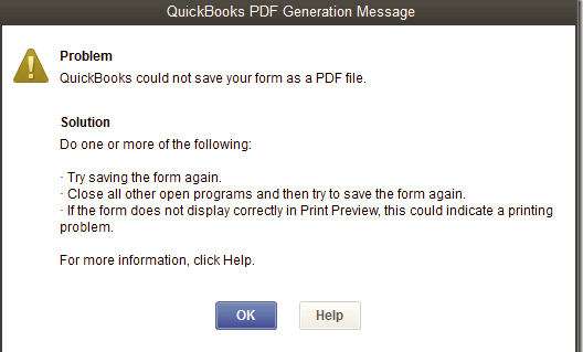 QuickBooks PDF Generation error message 