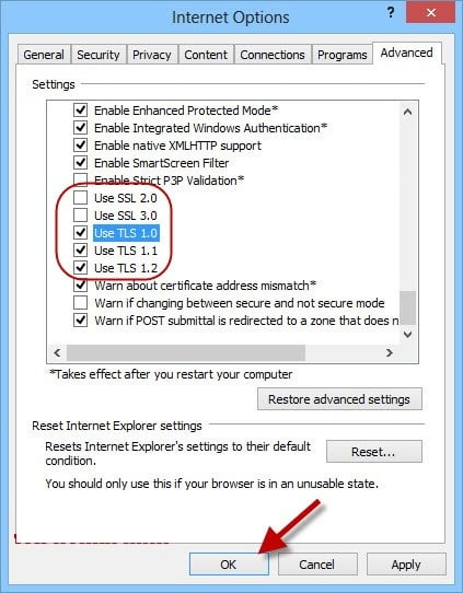 Configuring Internet Explorer SSL Settings in QuickBooks - Screenshot