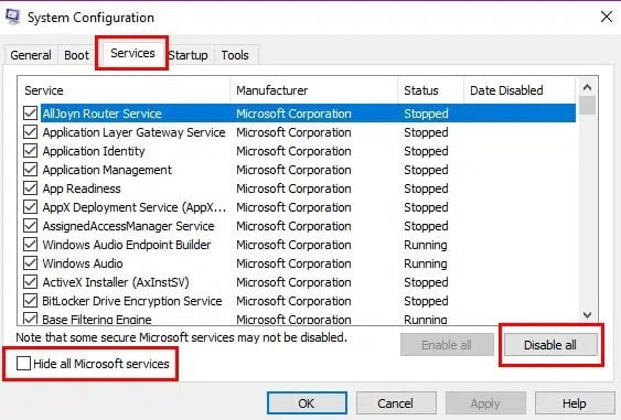 Hide all Microsoft services-QuickBooks error 1402