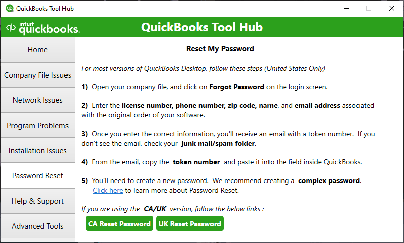 password reset using QuickBooks