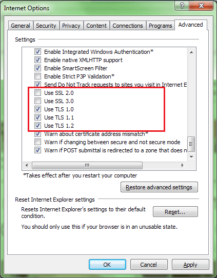 enable tls on internet explorer to solve QuickBooks error code 12002