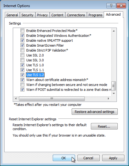 Enable the TLS 1.2 Security Protocol