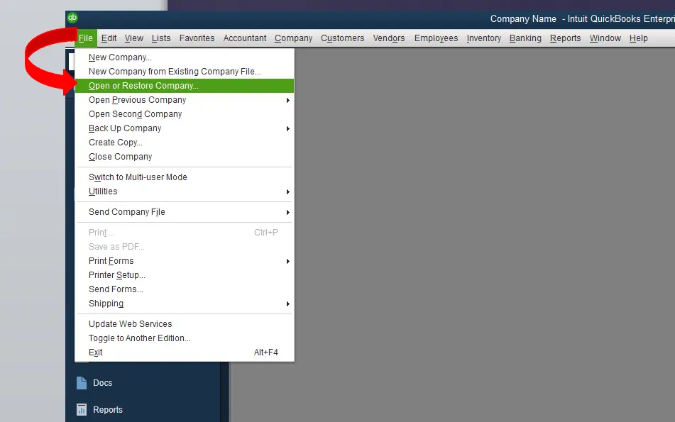 open or restore file in quickbooks screenshot