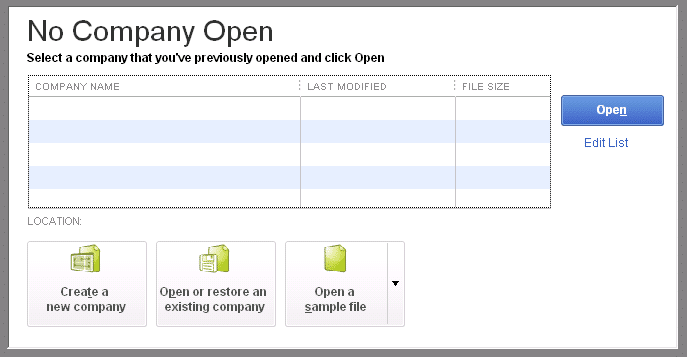 No company file open windows - screenshot