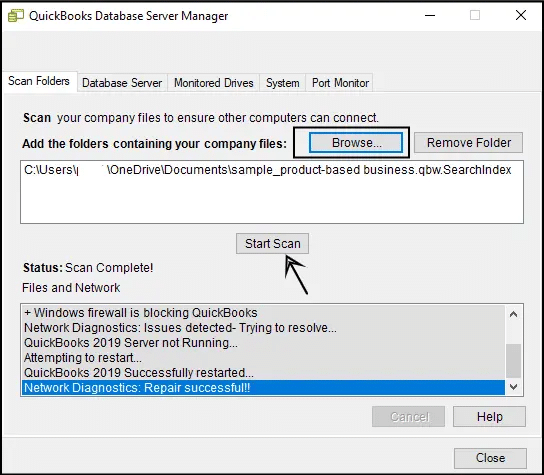 QuickBooks database server manager Start Scan