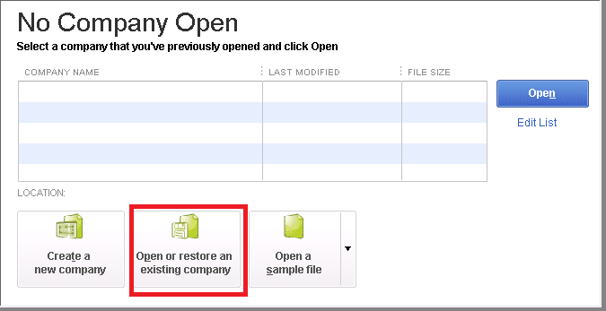 Open or restore existing company file in QuickBooks 