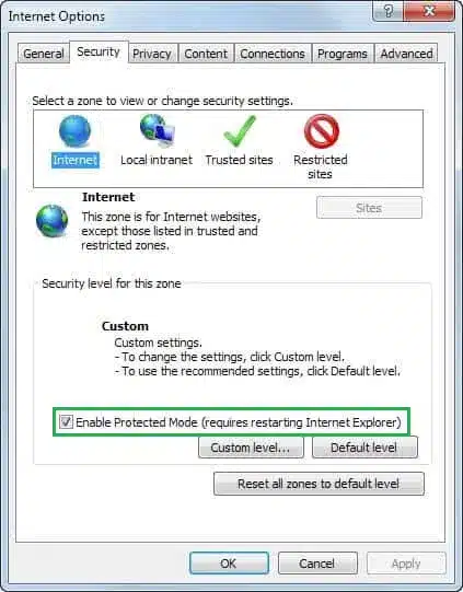 uncheck Enable protected mode