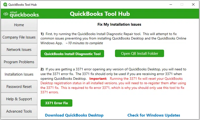 Installation issues tab - quickbooks error ps032 or ps077