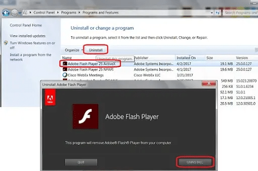 Uninstall adobe flash player - QuickBooks error code 1904