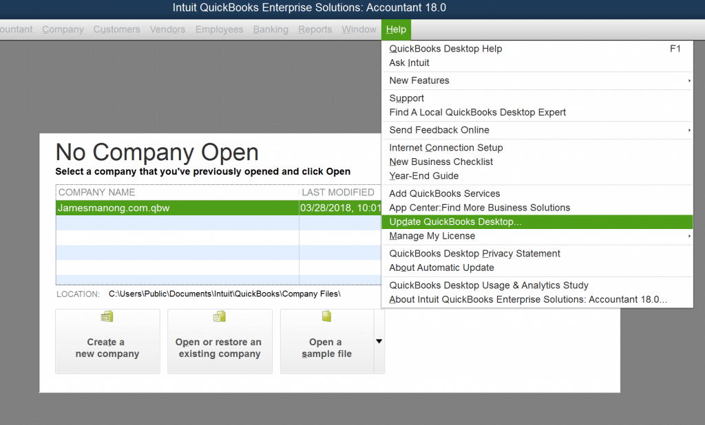 update QuickBooks desktop to the latest patch