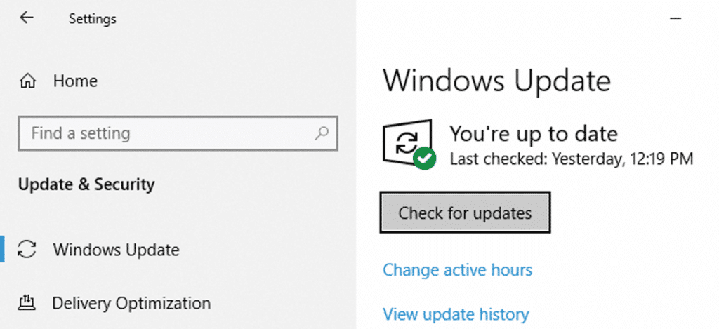 Check for updates in windows 10 - screenshot