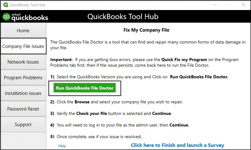 Running QuickBooks file doctor using tool hub