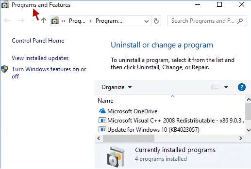 uninstall using programs and features window