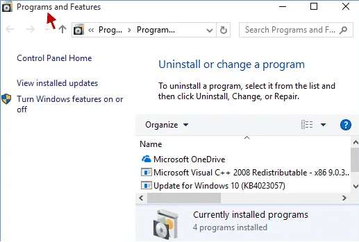 Uninstall programs and features