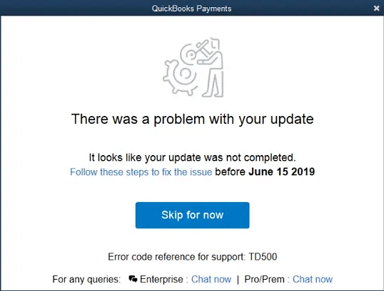 QuickBooks Error TD500 There was a problem with your update prompt