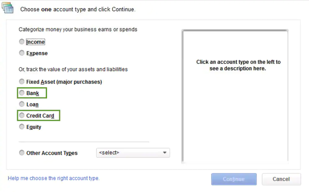 Selecting an account type in Quickbooks to record opening balance