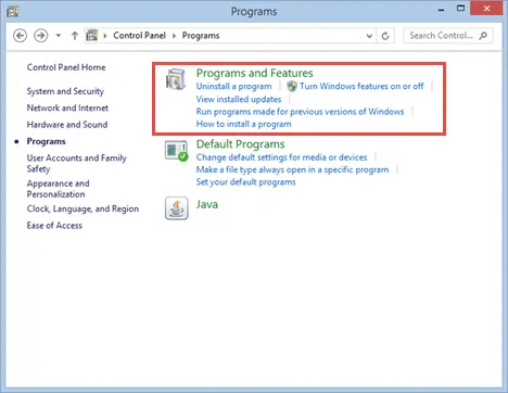 programs and features option