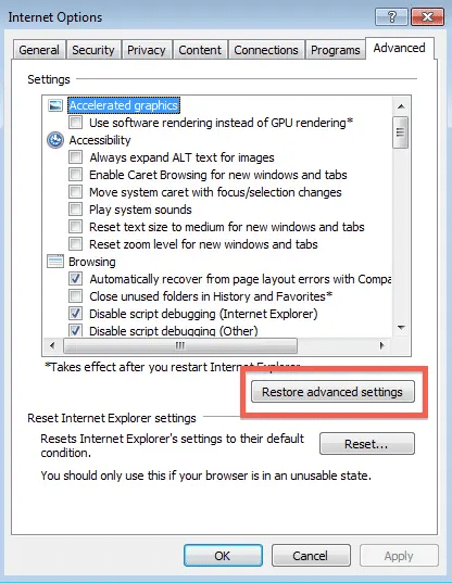 Restore advance settings to fix Quickbooks unable to connect to remote server error