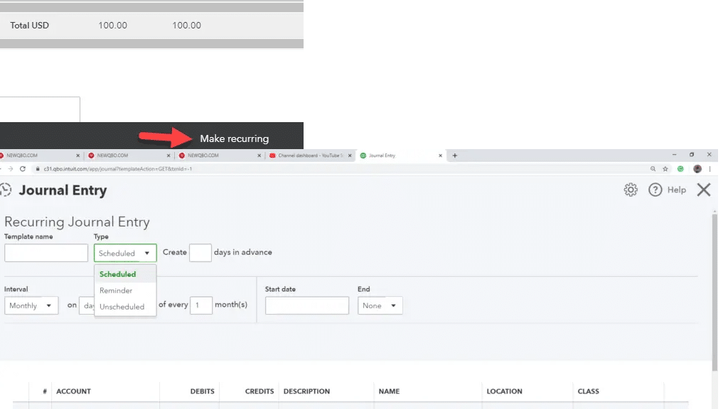 recurring journal entry schedule - screenshot