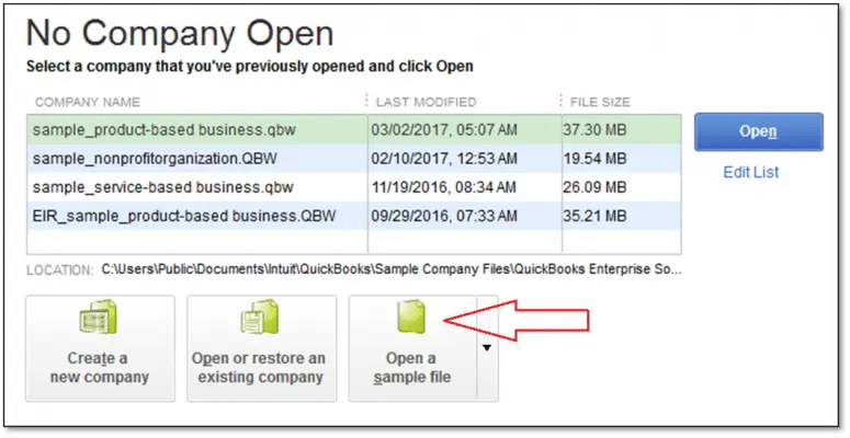 Open a sample company file in QuickBooks - company file located on a remote computer