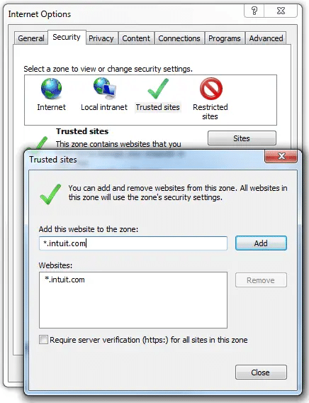 Adding Intuit as trusted site - quickbooks script error