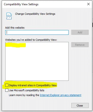 Display intranet in compatibility view