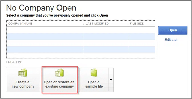 Open or restore an existing company file 