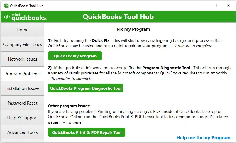 Choosing Program Problems tab in tool hub
