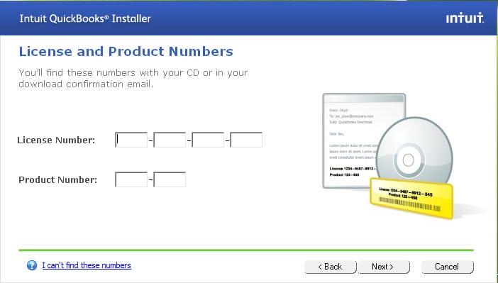 Entering License and Product number to install QuickBooks Desktop