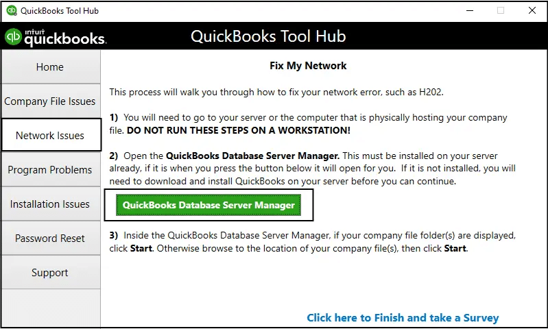 Network issues tab - QuickBooks tool hub 