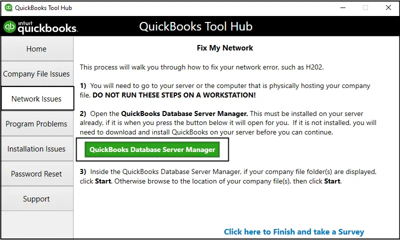 Network issues tab - QuickBooks error H202
