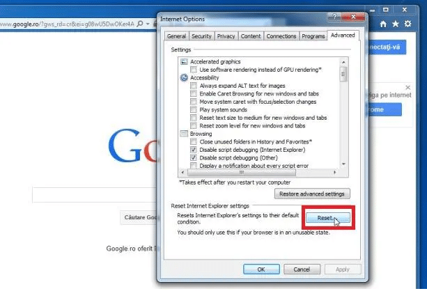 Reset settings of the internet explorer - quickbooks script error