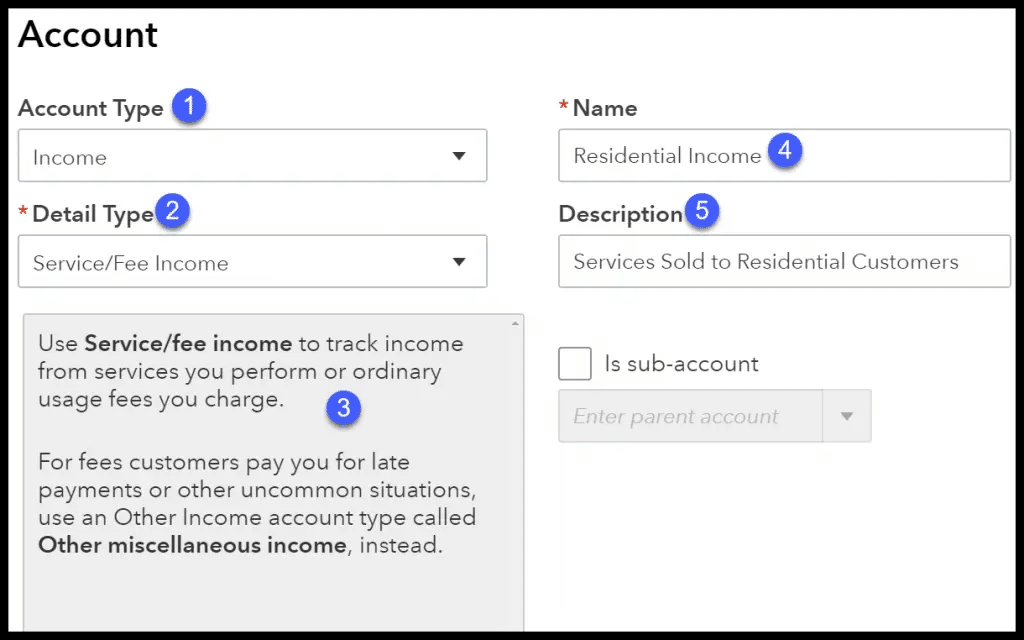 enter Account info to set up chart of account