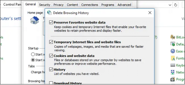cookies and website data, History & temporary internet files