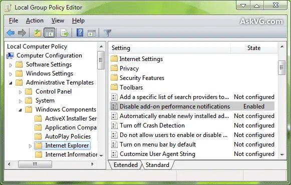 disabled add-on performance notifications