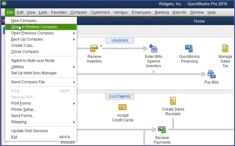 open or restore company file - screenshot