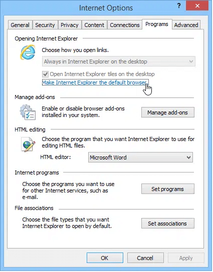 reset Internet Explorer default web browser option