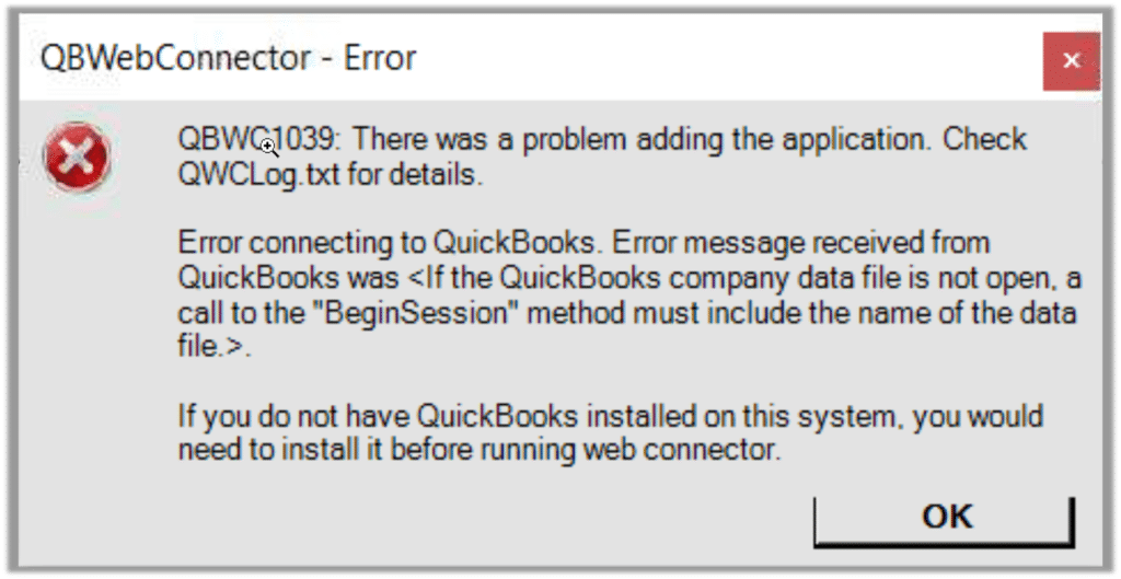QuickBooks Error QBWC 1039 propmt screen 