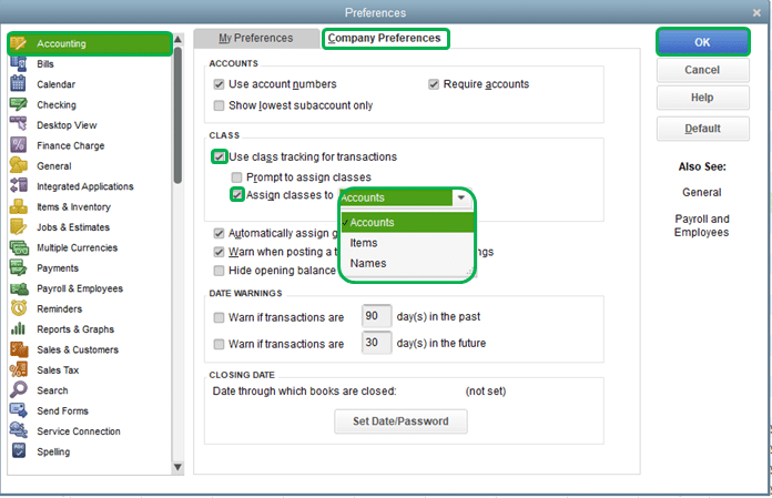 Activating class tracking in QuickBooks Desktop