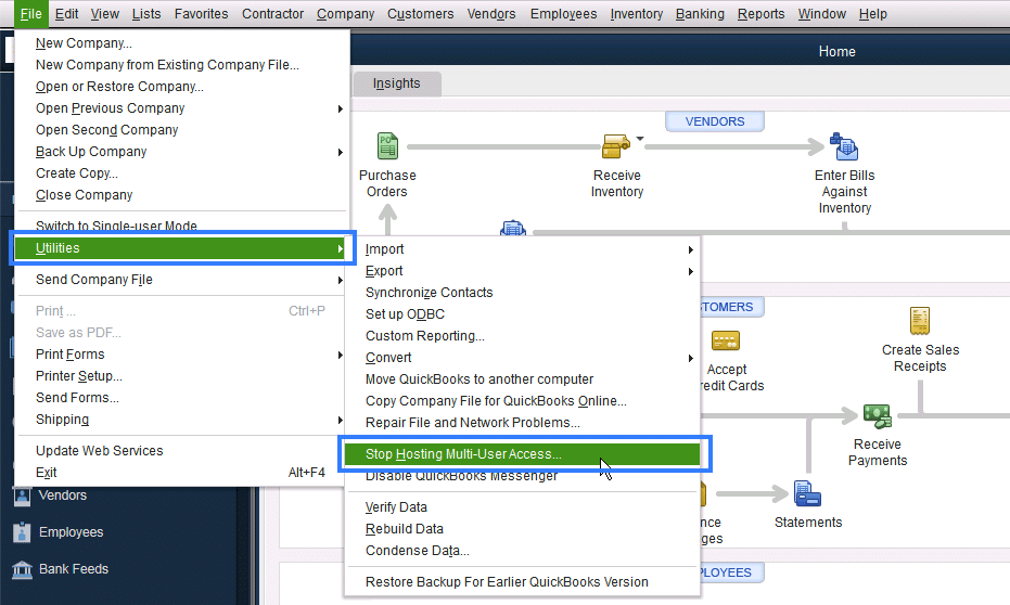 Stop mutli-user hosting in QuickBooks