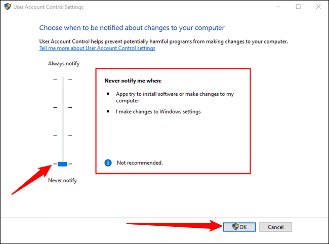 Turn off the user account control in Windows