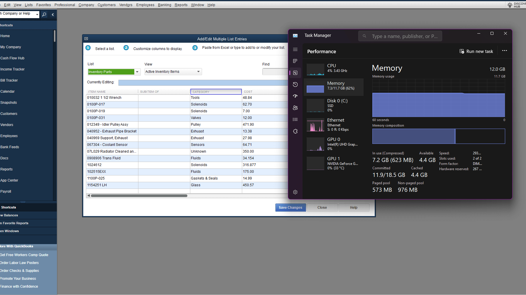 Memory status in Task manager for quickbooks -QuickBooks Freezing Problem